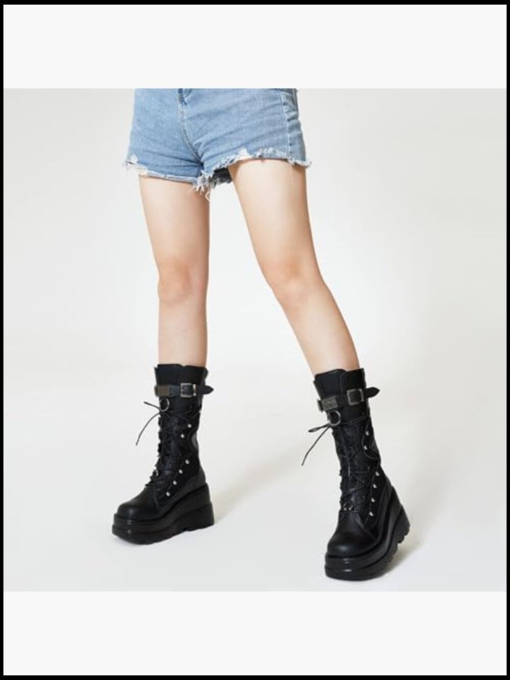 Platform Combat Boots Chunky Wedge Heel Lace Up and Zipper Mid Calf Concerts - Picture 5 of 6